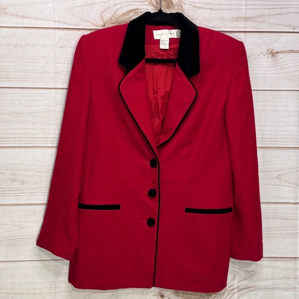 Casual Corner Blazer Womens 10 Red Excellent 100% Wool Black Trim Jacket Blazer